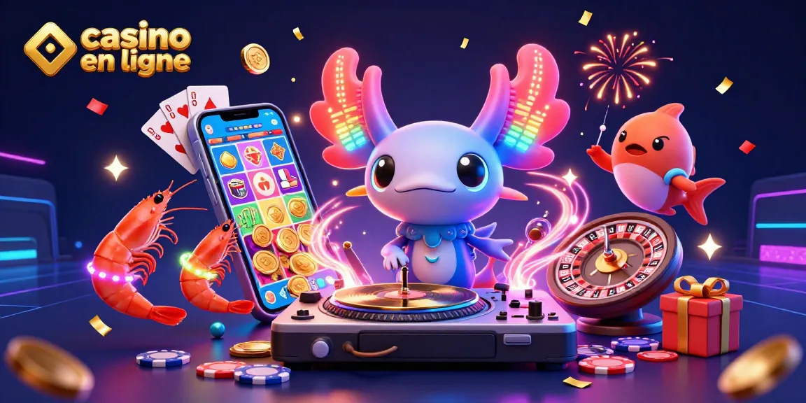 Vivez l'expérience du casino en ligne avec un DJ axolotl coloré et des jeux de hasard autour de lui.