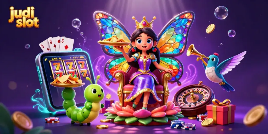 Menangkan judi slot dengan ilustrasi ratu kupu-kupu 3D yang dikelilingi oleh elemen permainan kasino.