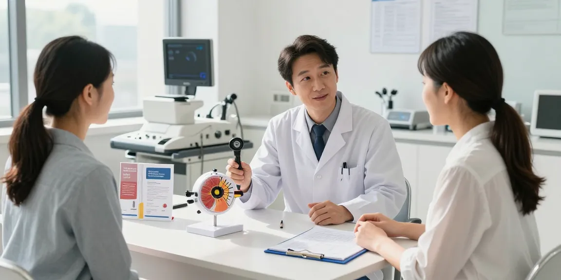 Glaucoma awareness session with an ophthalmologist educating a patient about eye health in a modern clinic.