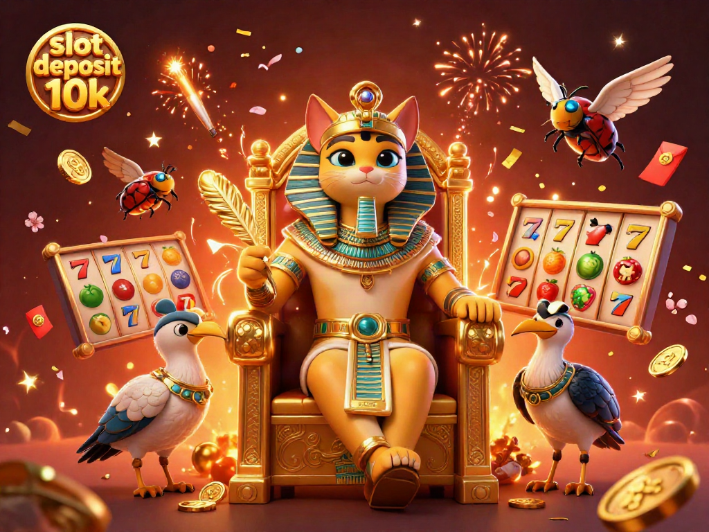 Spin the reels with excitement in the slot deposit 10k casino scene, featuring vibrant characters and festive elements.