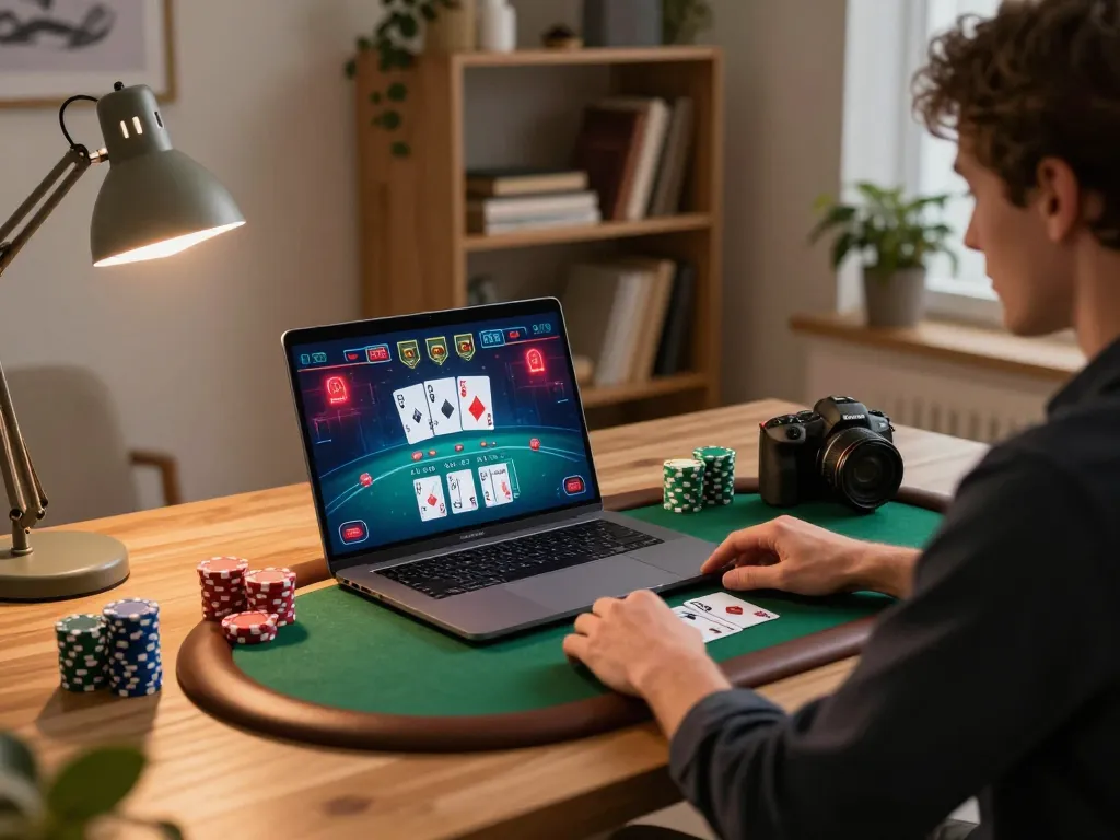 Player using alo8 platform for online poker game on laptop in a cozy home office.
