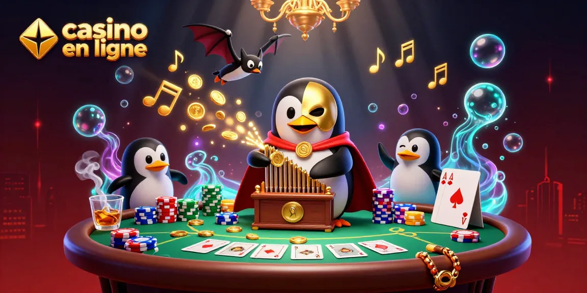 Jouez au casino en ligne avec une illustration dynamique, mettant en avant un pingouin fantôme devant un orgue à pièces d'or.
