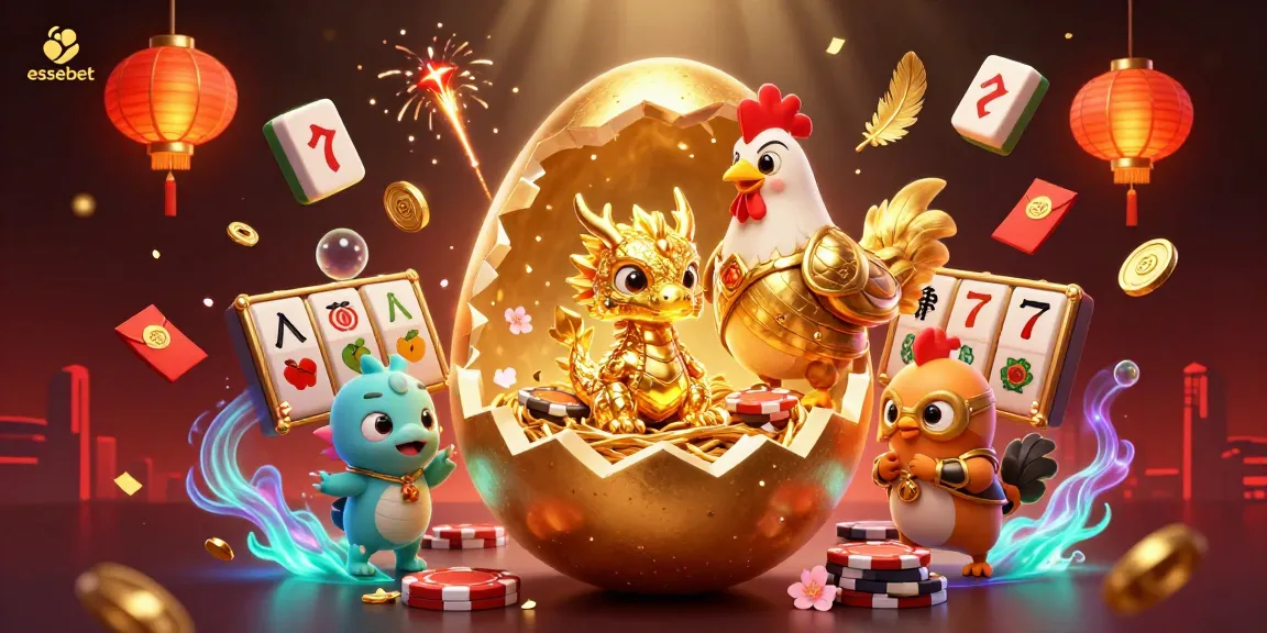 Engage with essebet's exciting world through a vibrant illustration featuring a golden dragon and gaming elements.