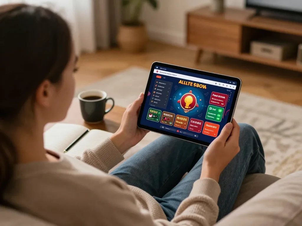 Engaging in a white label casino game on a tablet, showcasing responsible gambling setup at home.