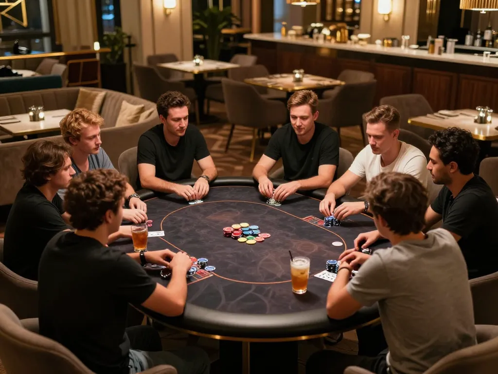rokok88 engages players at a stylish home poker night, showcasing strategic gameplay with friends.