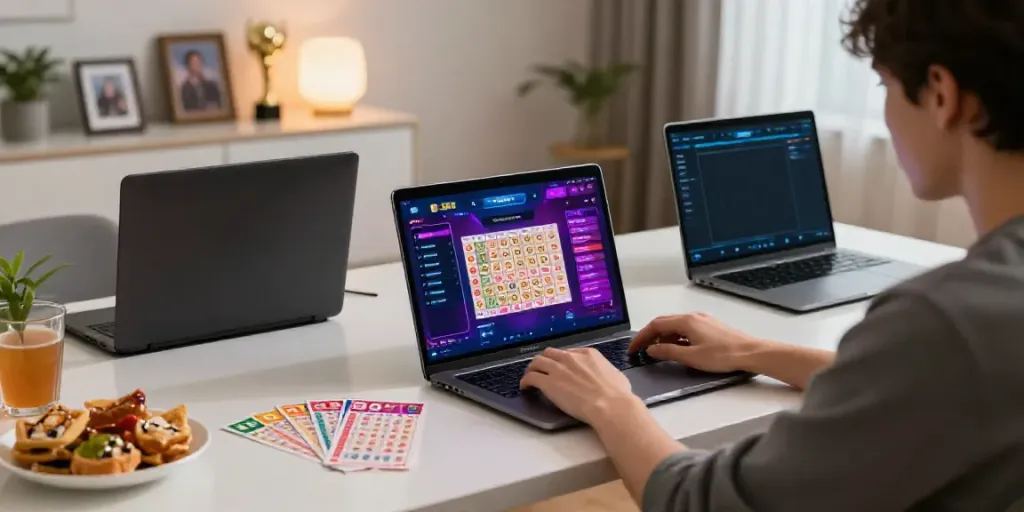 Individual engaged in Situs togel gaming at home, laptop displaying vibrant interface with lottery tickets.