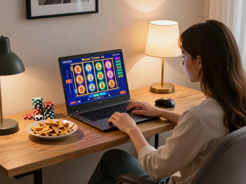 Person playing tr88 slot games on a laptop at home, creating a cozy gaming atmosphere