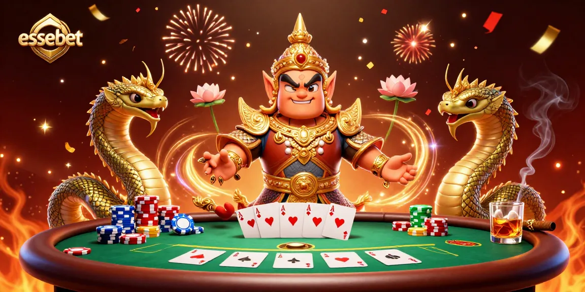 Experience the excitement of essebet with vibrant colors, massive poker chips, and friendly guardians in this 3D casino scene.