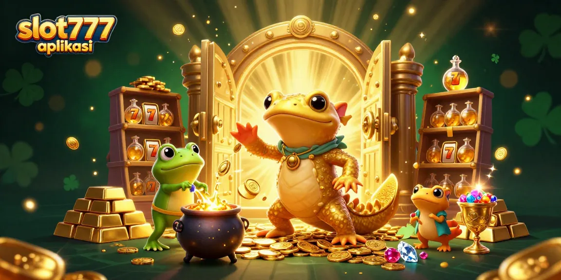 Engage with slot777 aplikasi in a vibrant 3D casino scene featuring golden treasures and characters.