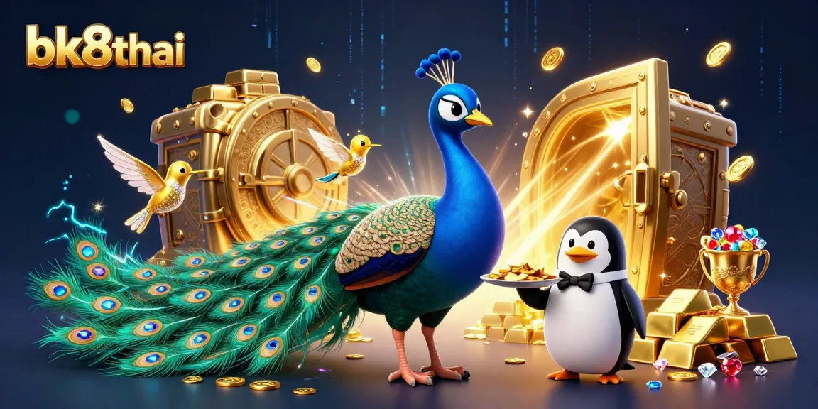 Engage with bk8thai's vibrant 3D casino adventure featuring a peacock, penguin butler, and hummingbird among treasures.