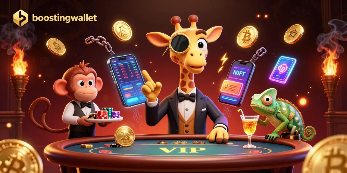 Experience the excitement of boostingwallet with our vibrant 3D casino illustration showcasing a high-roller giraffe and playful characters.