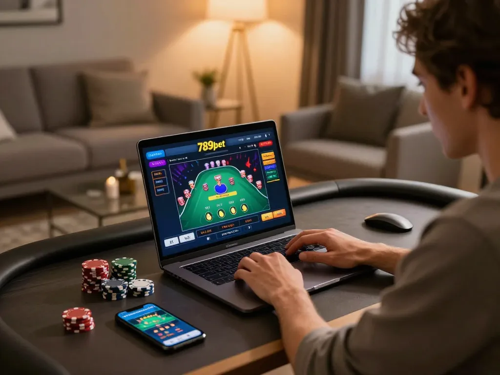 Engaged player placing bets on 789bet's online casino interface at home, showcasing a comfortable gaming environment.
