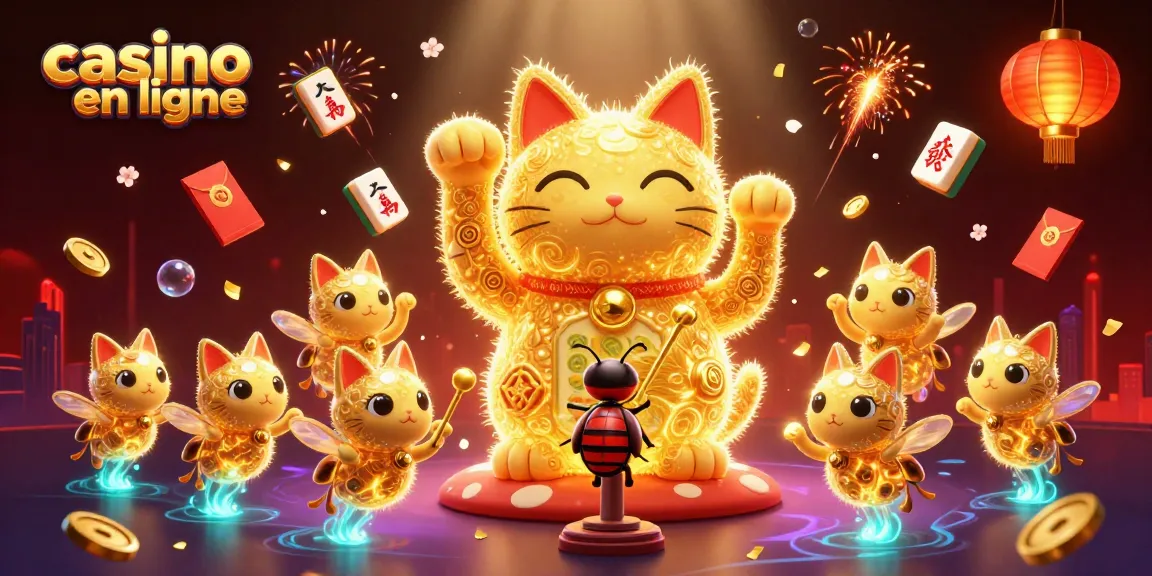 Des feux follets dorés forment un chat porte-bonheur parmi des éléments de casino en ligne, célébrant l'univers du jeu.