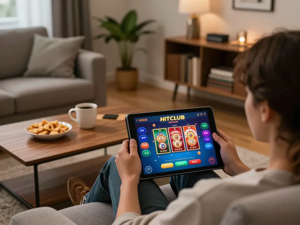 Engaging with Hitclub online gaming from home setup with tablet and vibrant interface