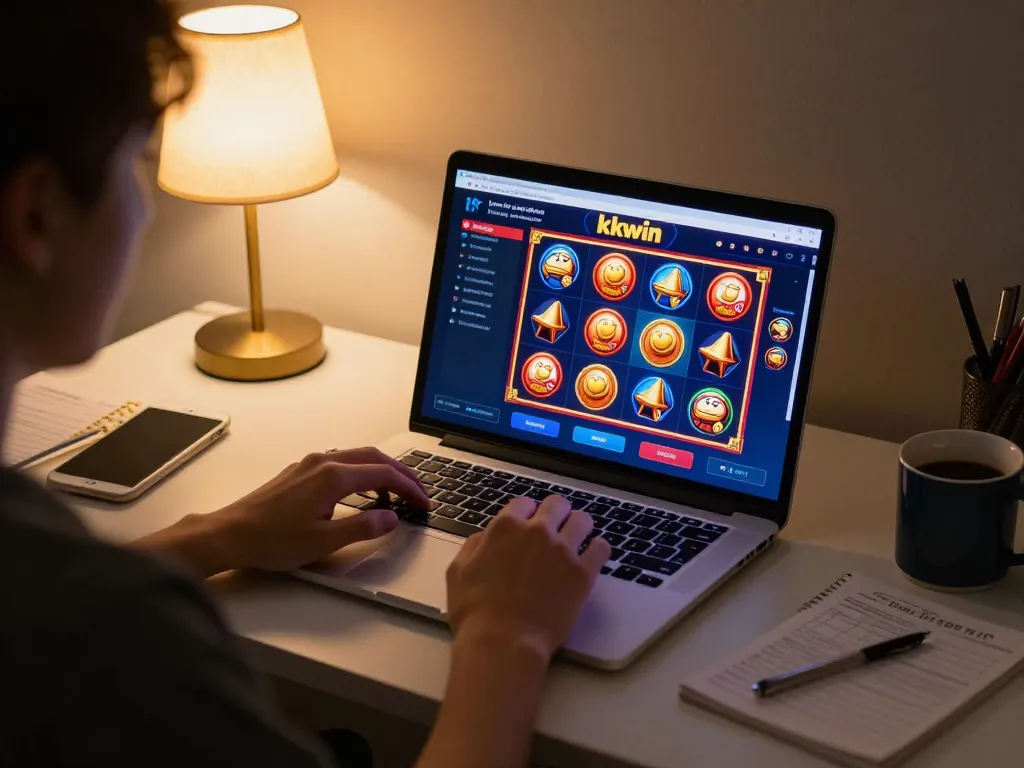 Player engaging with kkwin online casino interface at home, enjoying gaming experience.
