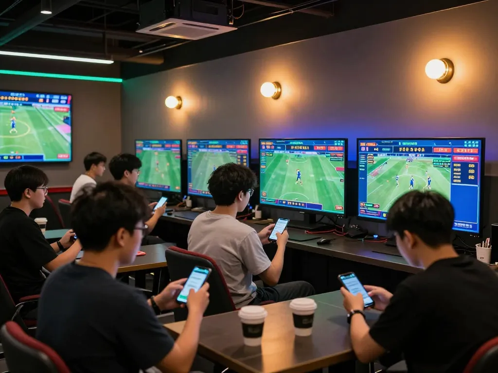 RR88 players engaging with live sports betting screens, showcasing strategic odds analysis in a modern setup