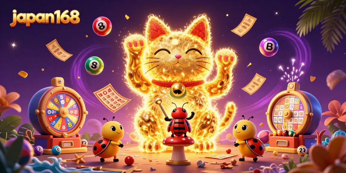 Experience the excitement at japan168 with a lively scene of gambling elements and a lucky cat.