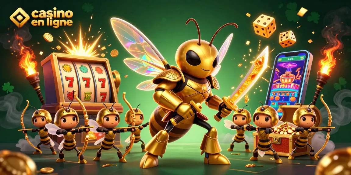 Vivez l'expérience des jeux de casino en ligne avec une scène dynamique de machines à sous et une abeille samouraï.