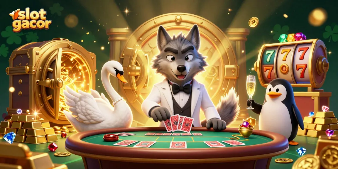 Memenangkan slot gacor dengan ilustrasi kartun 3D yang menampilkan karakter kasino menarik dalam suasana glamor.