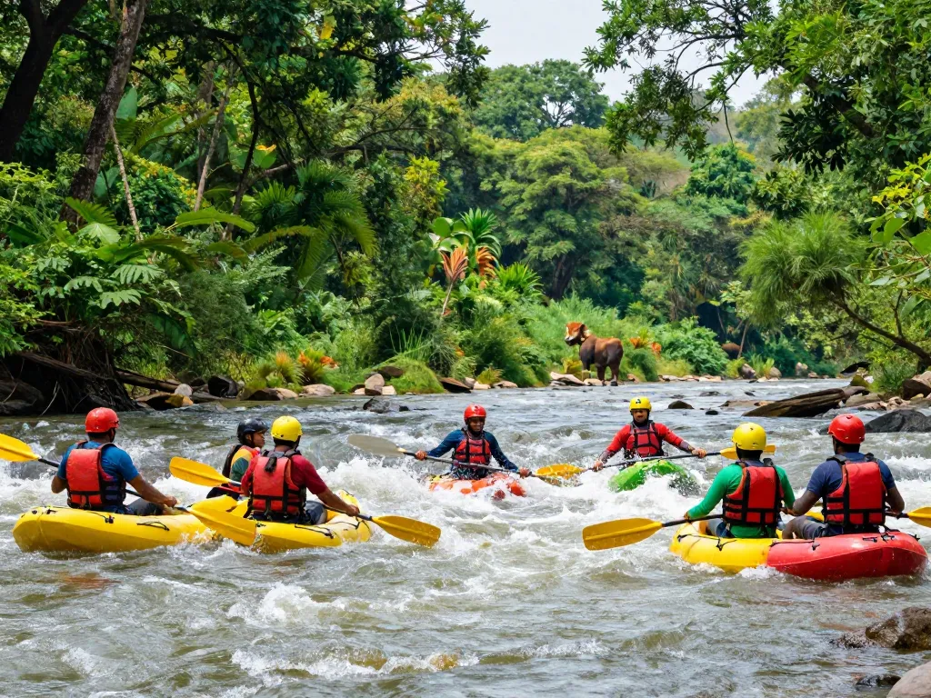 Dandeli river rafting adventure with travelers enjoying thrilling experience on Kali River, surrounded by lush green forests.
