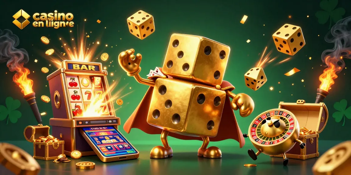 Jouer au casino en ligne avec des dés dorés, machines à sous et feux d'artifice éclatants.