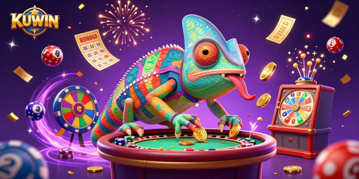 Engage with KUWIN casino as colorful lottery balls and golden tickets celebrate winnings in this dynamic illustration.