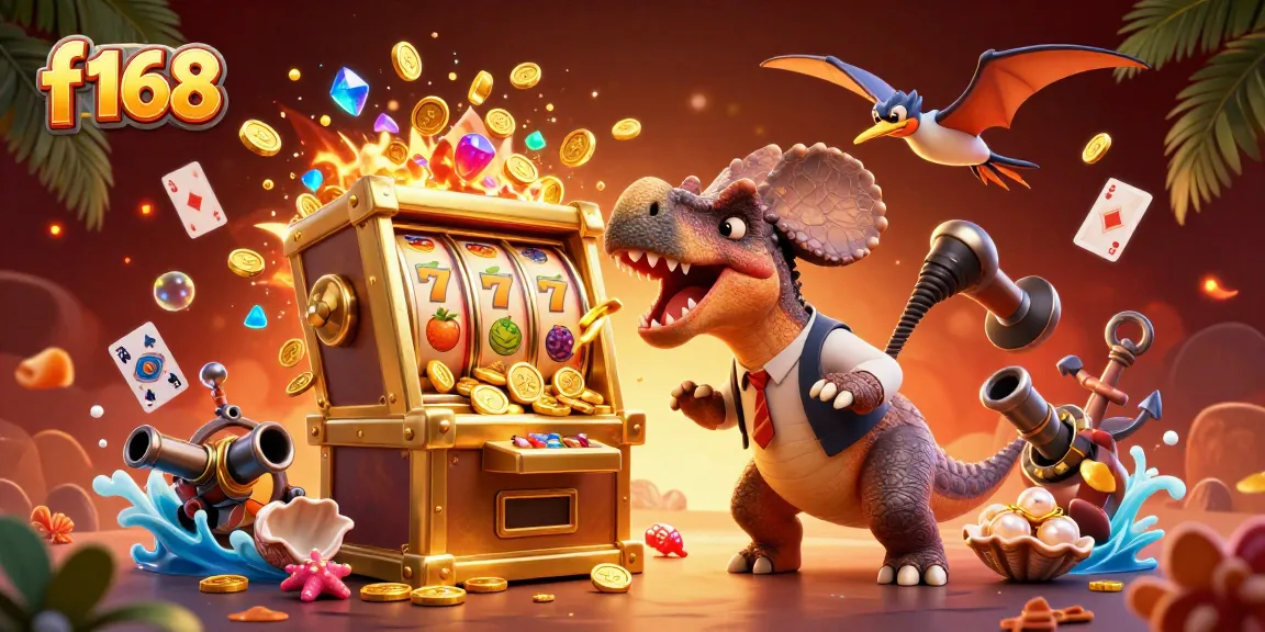 Experience the f168 gaming thrill with dinosaurs in a vibrant casino setting, capturing jackpots!