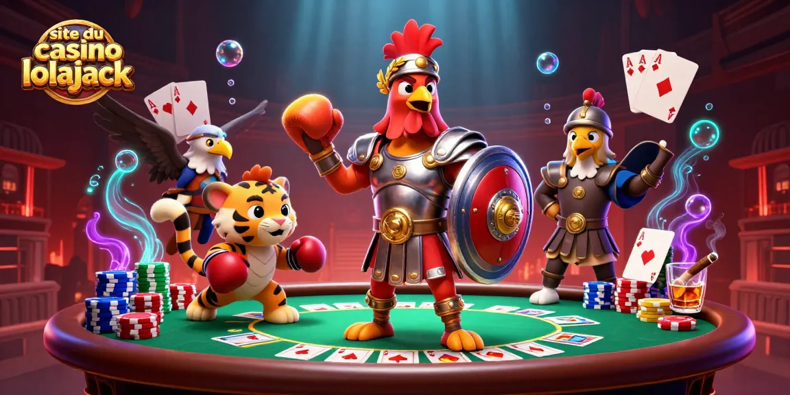 Engage with thrilling action at the site du casino lolajack with a vibrant 3D scene of a gladiator rooster and poker elements.