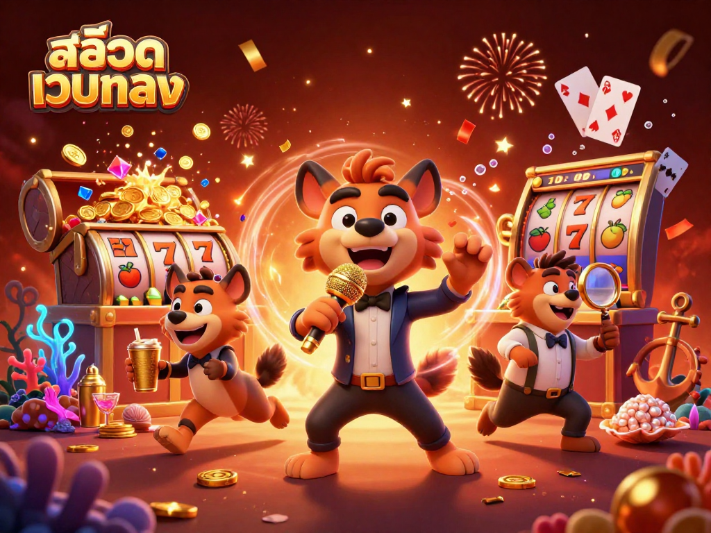 Experience the thrills of สล็อตเว็บตรง with lively 3D hyenas performing in a vibrant casino scene filled with dynamic game elements.