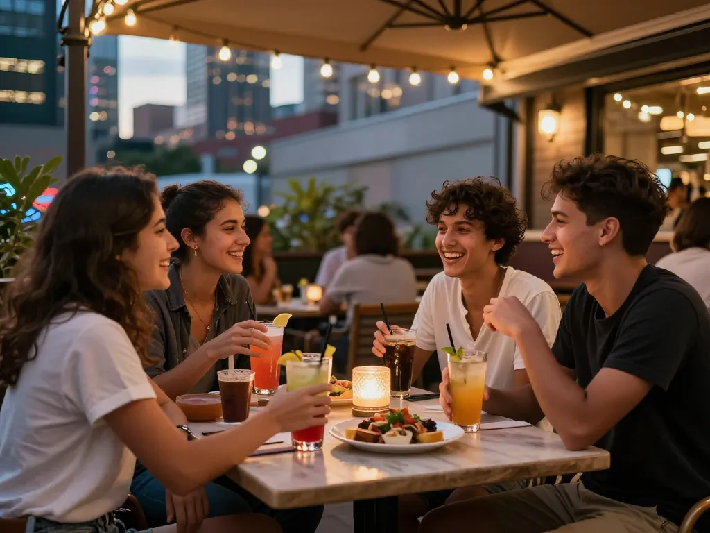 Friends enjoying a lively evening at an 오피스타 venue with colorful drinks and cozy ambience.