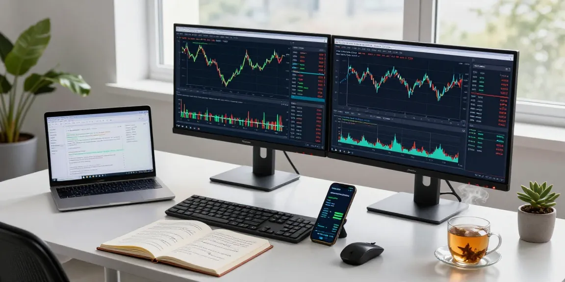 Professional trader analyzing mt5 on dual monitors in a modern workspace.