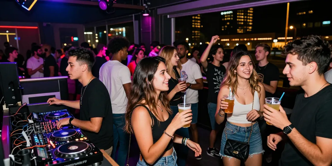 Vibrant nightlife at a 유흥사이트 with people enjoying drinks and dancing.