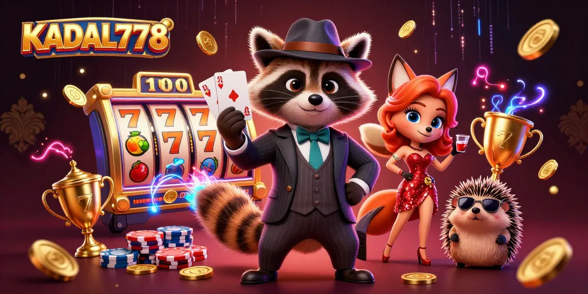 KADAL778 showcases dynamic gambling excitement with a raccoon in a pinstripe suit and a fox in a red dress, surrounded by vibrant casino elements.