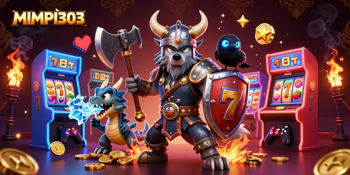 MIMPI303 Viking wolf warrior amid vibrant slot machines, showcasing dynamic casino elements.