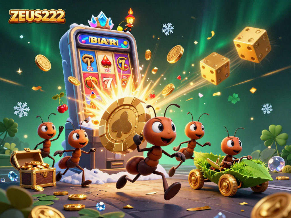 Experience the thrill of the ZEUS222 heist, with cartoon ants, golden chips, and casino excitement!
