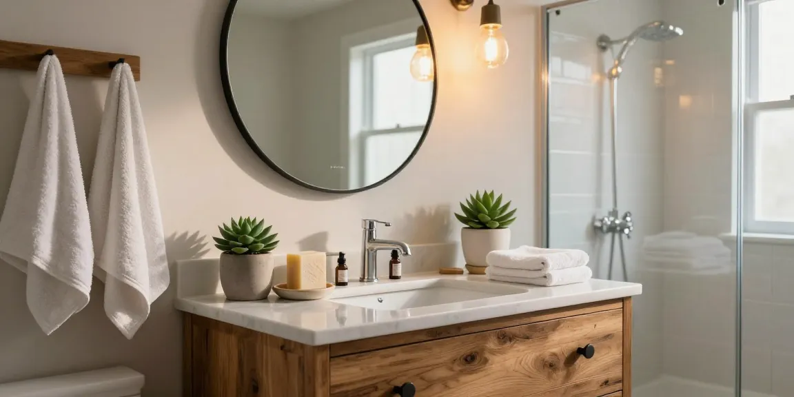 Modern bathroom vanity with marble top and greenery, inviting morning light.