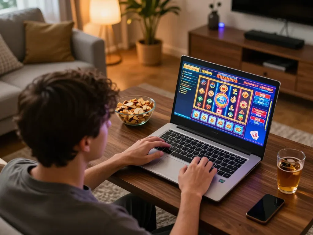 Player engaging in online games at home, showcasing lv88seo's exciting gambling options.