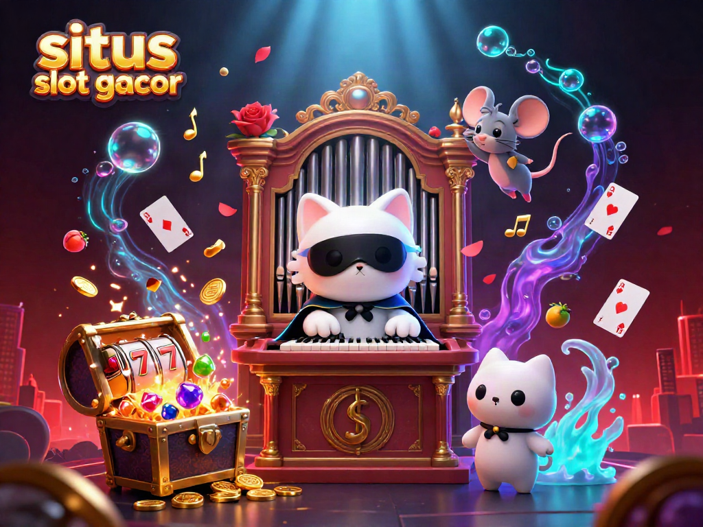 Experience situs slot gacor with vibrant 3D animation of a phantom cat at a casino organ.