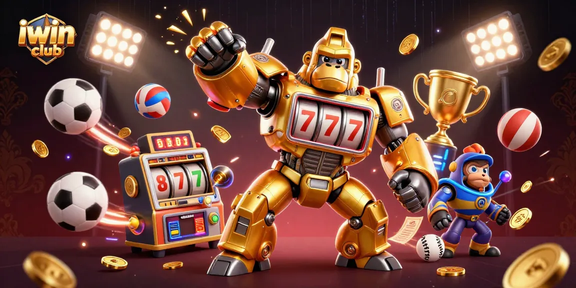Win big at iwin club with a dynamic scene of a golden gorilla mech and sports elements in action.