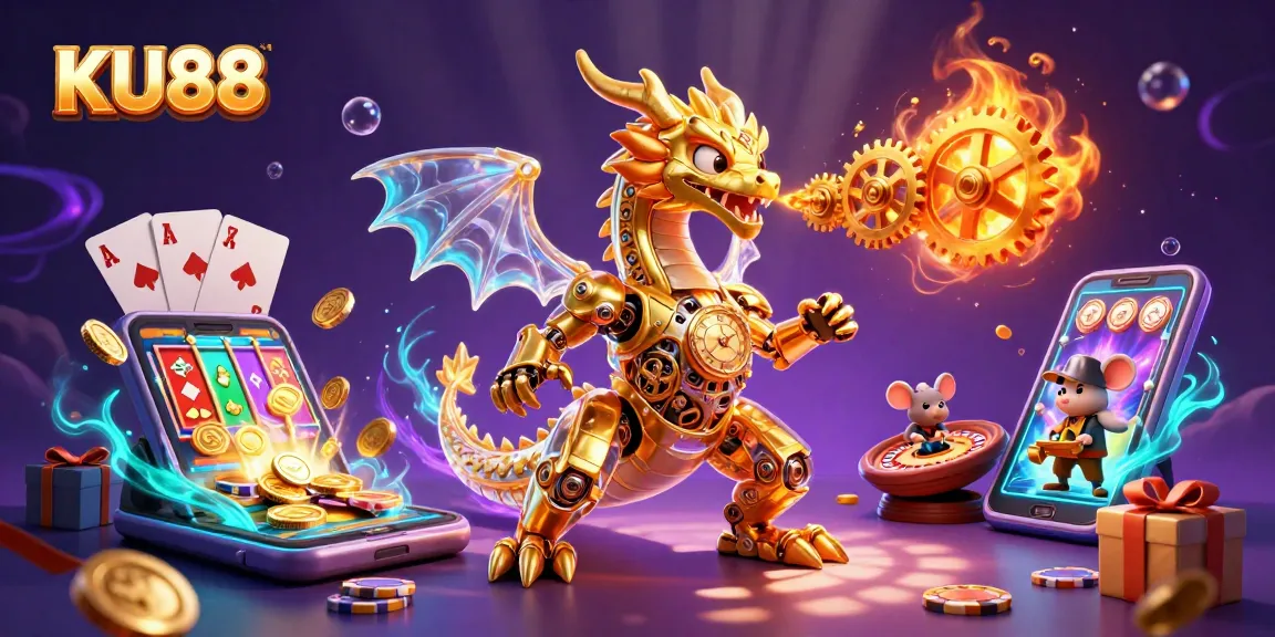 KU88 casino scene featuring a biomechanical dragon with rich gaming elements and dramatic lighting.