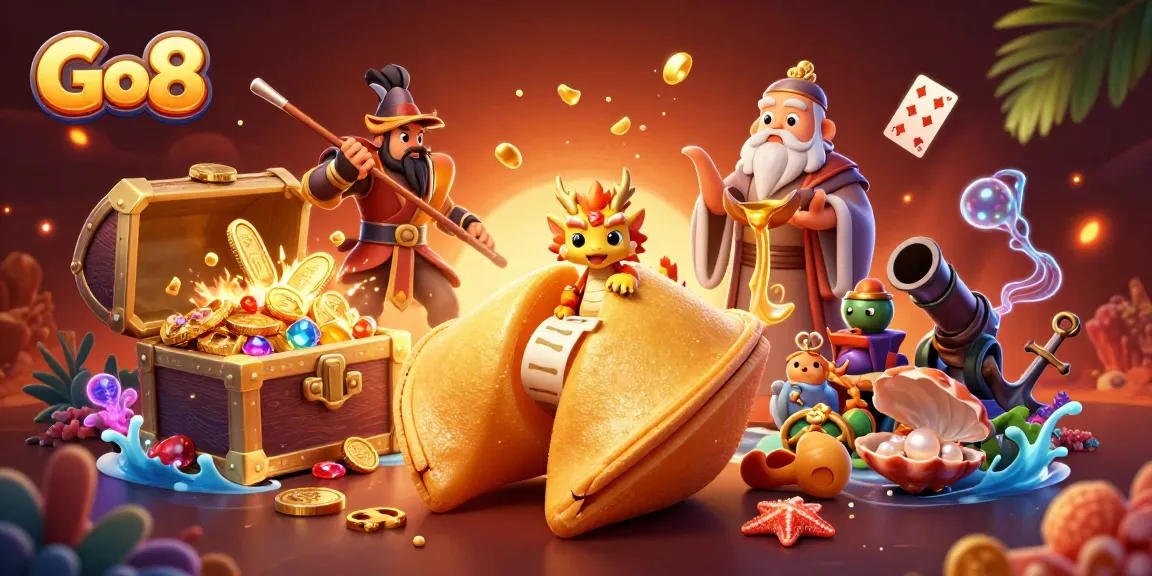 Go8 casino illustration showcasing golden fortune cookie, wise dragon, and floating treasures.