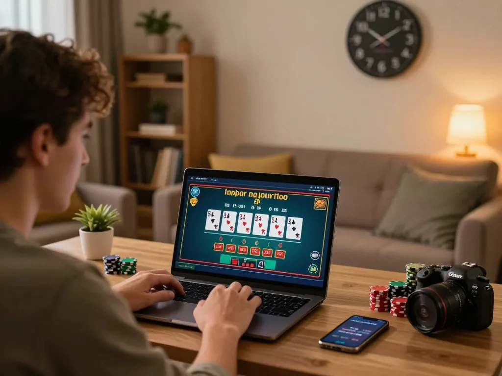 Player engaging in an exciting 789 blackjack game on their laptop, showcasing strategic moments in a cozy living room setup.