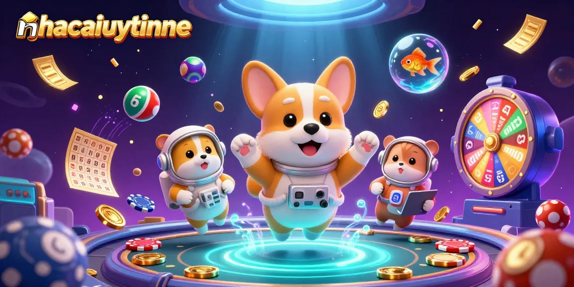 nhacaiuytinne showcases a vibrant 3D illustration of an astronaut corgi in a space casino, adding excitement to gaming.