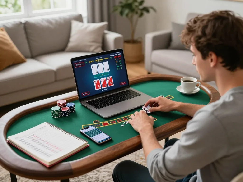 Player engaging in LLWIN online blackjack game while reviewing betting strategies in a cozy living room.