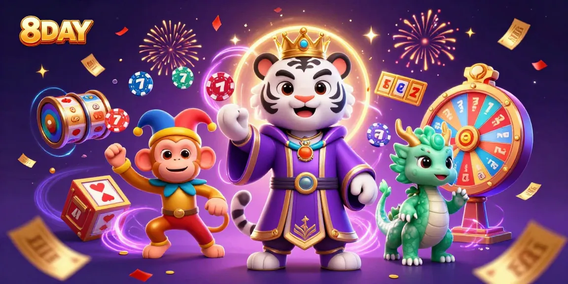 Engage in thrilling gameplay at 8DAY as vibrant slot reels and lucky symbols create a dynamic casino experience.