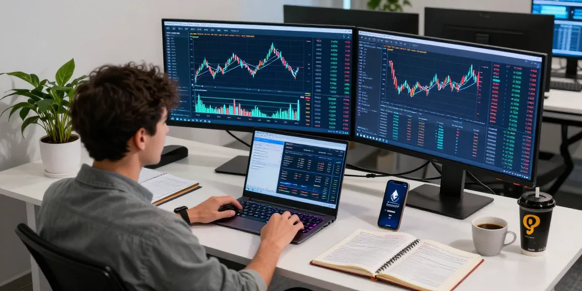 SPY stock trading analysis with cryptocurrency interfaces and digital wallets in a modern tech workspace