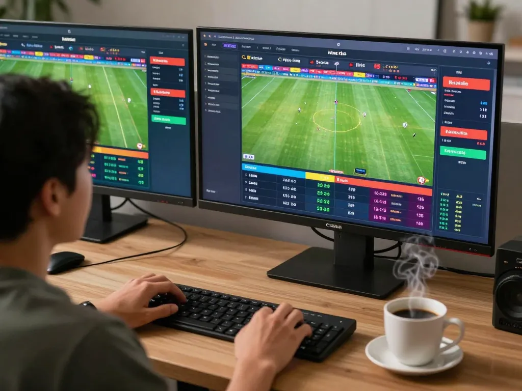 Engaged bettor analyzing kèo nhà cái on multiple screens during live sports matches