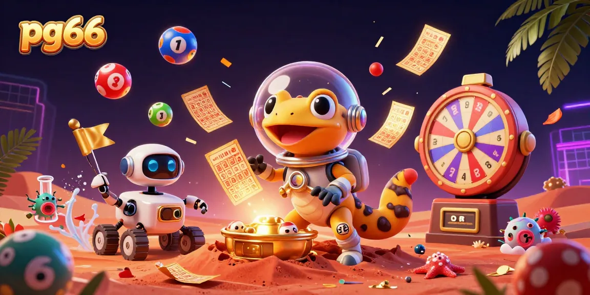 pg66 engages players with colorful lottery balls and a golden casino in a dynamic Martian scene.