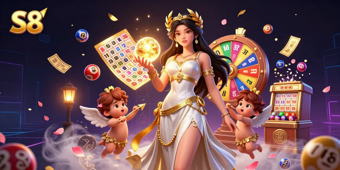 S8 invites players to win big prizes with dynamic lottery balls and cherubs in a vibrant casino scene.