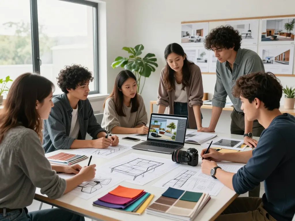 Collaborative design studio with architects and interior designers working on innovative projects, showcasing บริษัทออกแบบ กรุงเทพ in action.